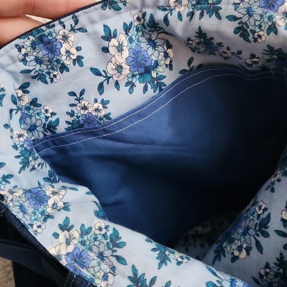 Double sided Handmade Denim Tote Spring Floral Pocket and Blue Bow Bird Artsy - Picture 8 of 10